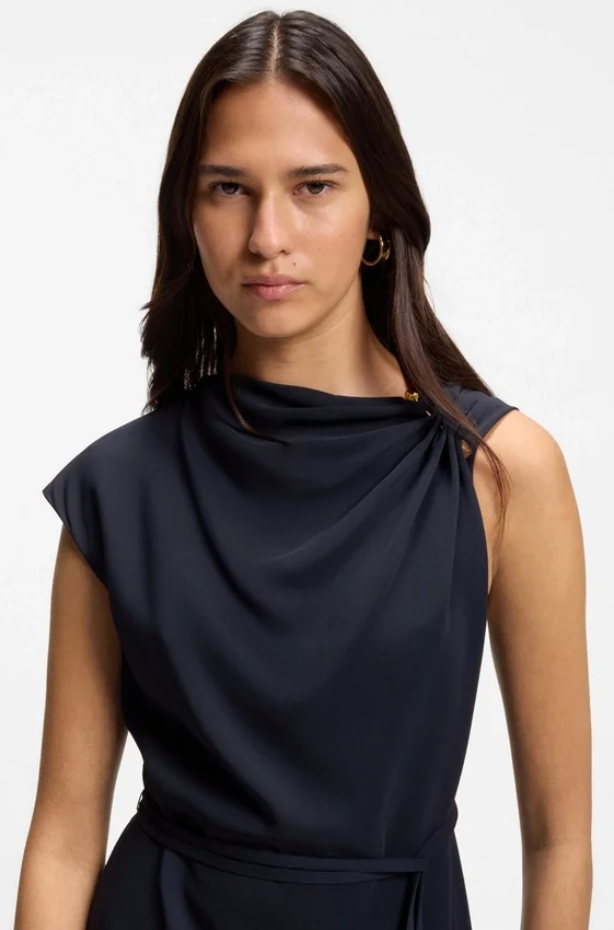 Midi-length dress with gathered shoulder detail Midi-length dress with gathered shoulder detail