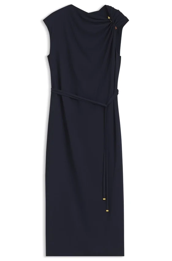 Midi-length dress with gathered shoulder detail Midi-length dress with gathered shoulder detail