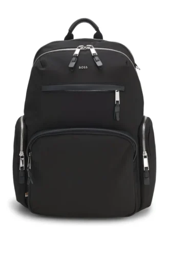 Multi-pocket backpack with leather trim