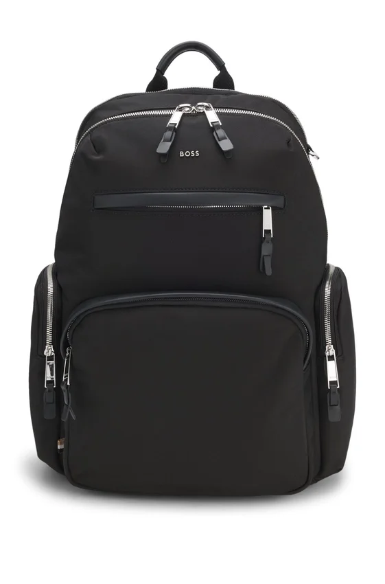 Multi-pocket backpack with leather trim Multi-pocket backpack with leather trim