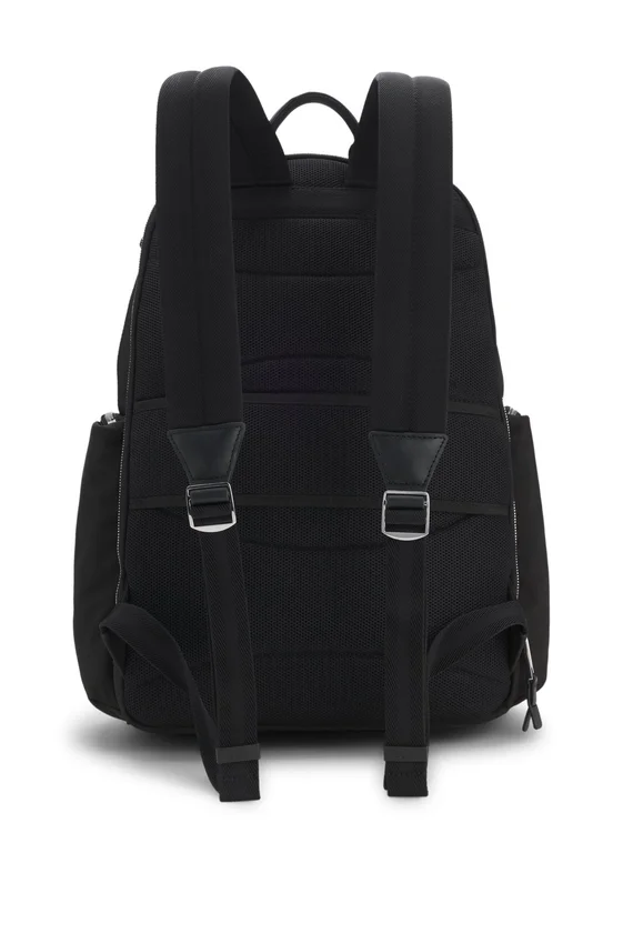Multi-pocket backpack with leather trim Multi-pocket backpack with leather trim