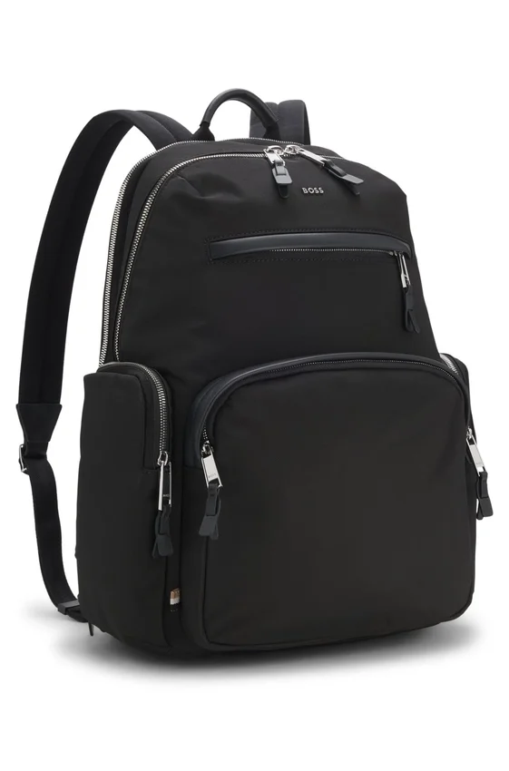 Multi-pocket backpack with leather trim Multi-pocket backpack with leather trim