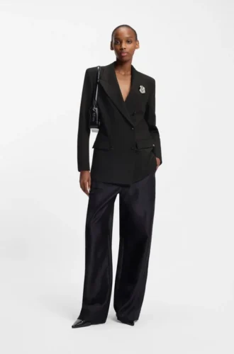 Oversized-fit blazer with rhinestone lapel brooch