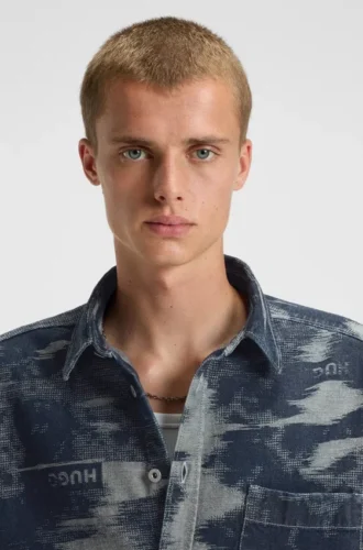 Oversized-fit shirt in jacquard-pattern denim