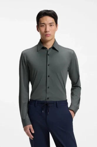 Patterned slim-fit shirt in performance-stretch jersey
