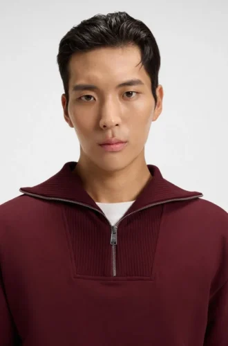 Peached-cotton sweatshirt with ribbed zip neck