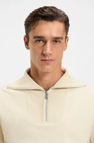 Peached-cotton sweatshirt with ribbed zip neck