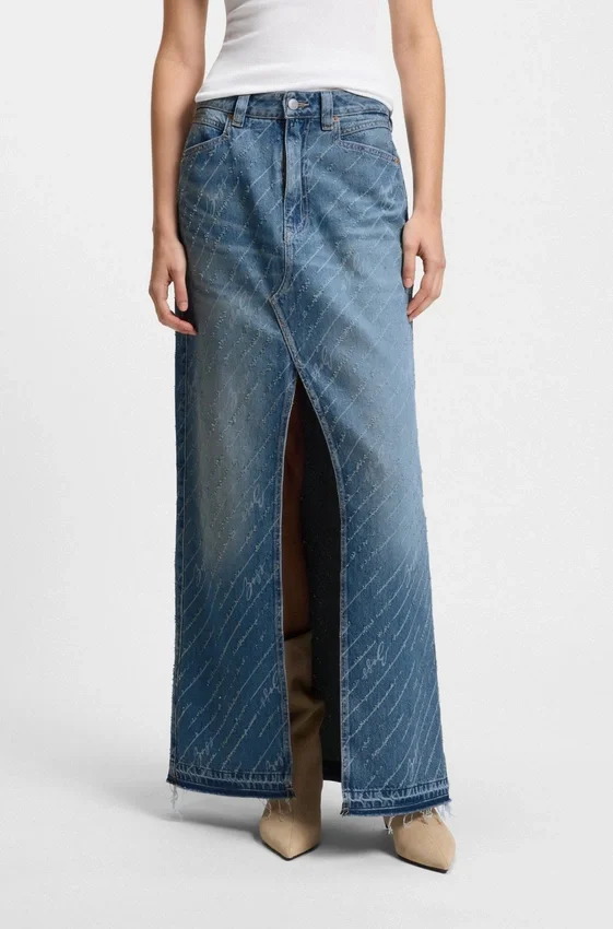 Pinstripe denim skirt with front slit Pinstripe denim skirt with front slit