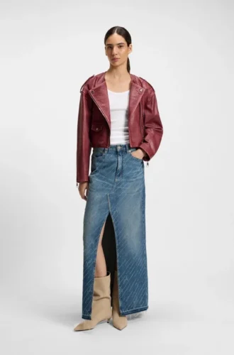 Pinstripe denim skirt with front slit