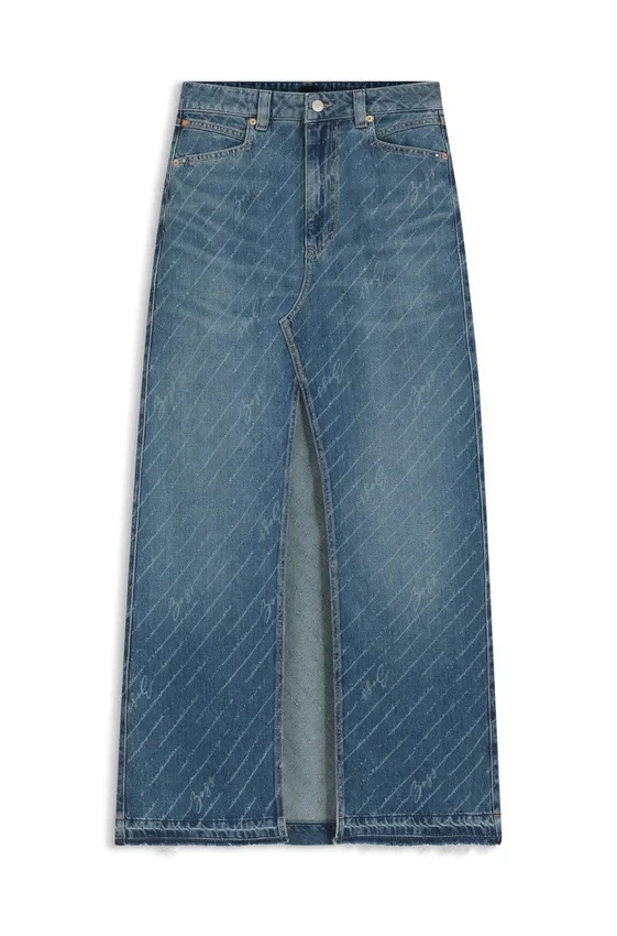 Pinstripe denim skirt with front slit Pinstripe denim skirt with front slit