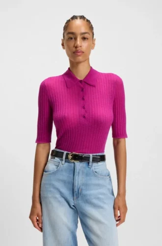 Polo-collar knit sweater in a wool blend