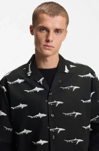 Printed relaxed-fit shirt in cotton poplin