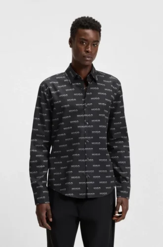 Printed slim-fit shirt in cotton poplin