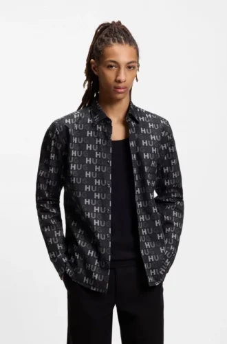Printed slim-fit shirt in cotton poplin