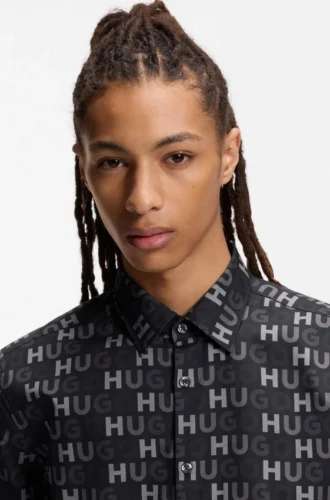 Printed slim-fit shirt in cotton poplin