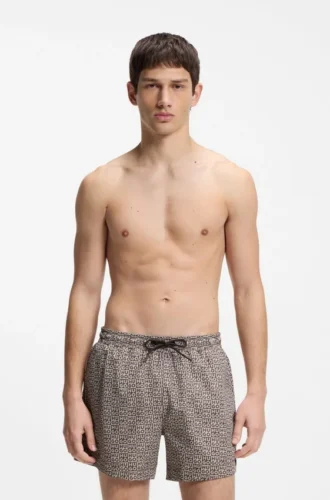 Quick-dry swim shorts with stacked-logo check print