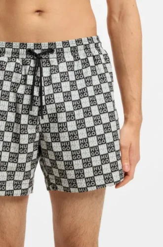 Quick-dry swim shorts with stacked-logo check print