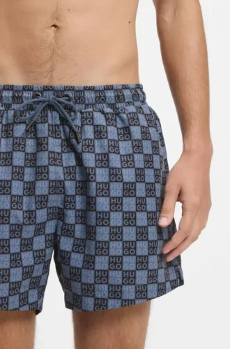 Quick-dry swim shorts with stacked-logo check print