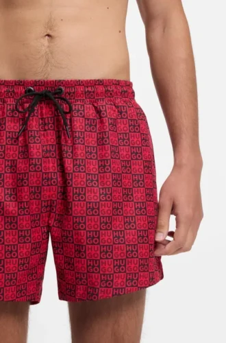 Quick-dry swim shorts with stacked-logo check print