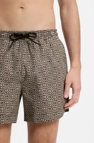 Quick-dry swim shorts with stacked-logo check print