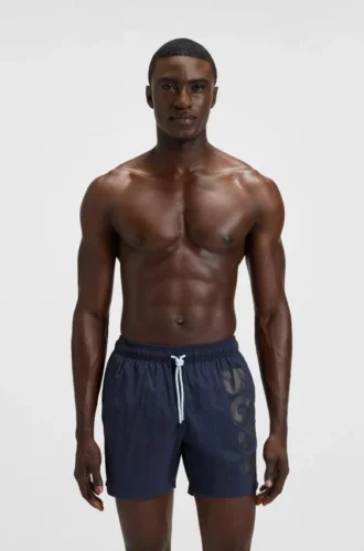 Quick-dry swim shorts with vertical logo print