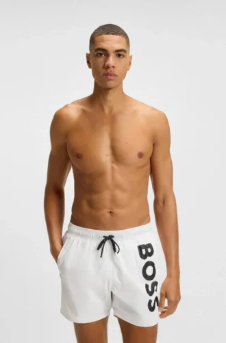 Quick-dry swim shorts with vertical logo print