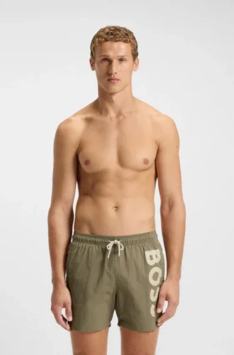 Quick-dry swim shorts with vertical logo print