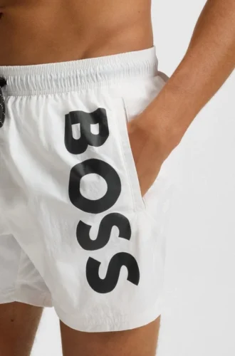 Quick-dry swim shorts with vertical logo print