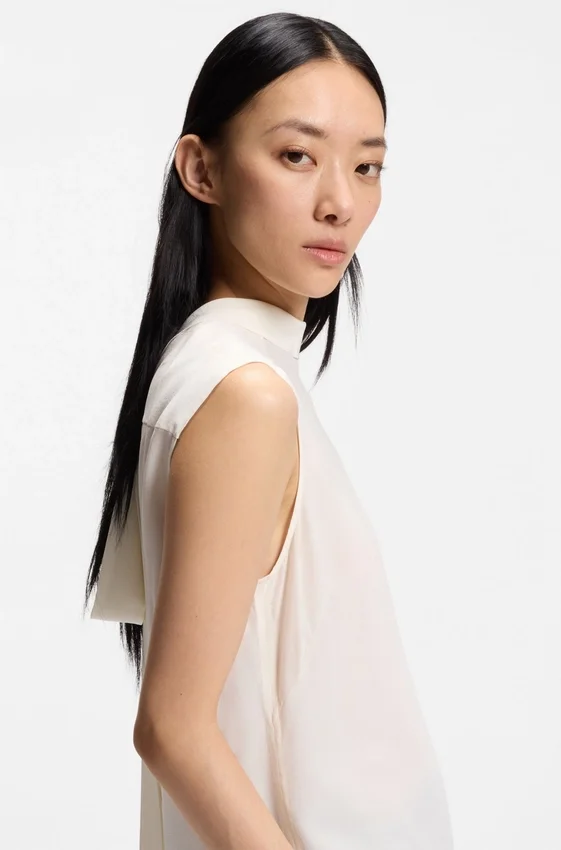 Regular-fit blouse in sandwashed silk with tie neck Regular-fit blouse in sandwashed silk with tie neck