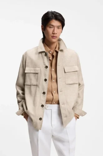 Regular-fit overshirt in virgin wool, silk and linen