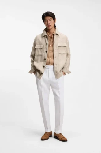 Regular-fit overshirt in virgin wool, silk and linen