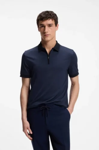 Regular-fit polo shirt in wool with zipper placket