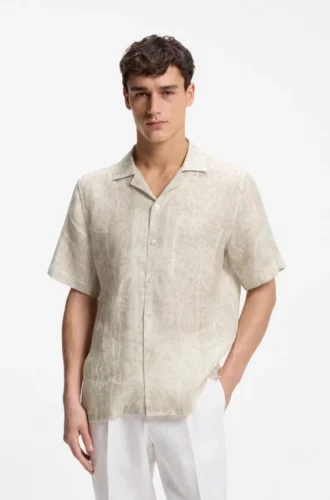 Regular-fit shirt in palm-print Italian linen Regular-fit shirt in palm-print Italian linen