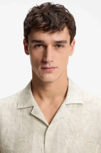 Regular-fit shirt in palm-print Italian linen Regular-fit shirt in palm-print Italian linen