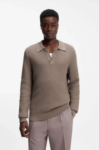 Relaxed-fit sweater in structured cotton with polo collar