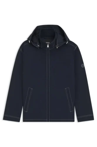 Removable-hood jacket with water-repellent finish