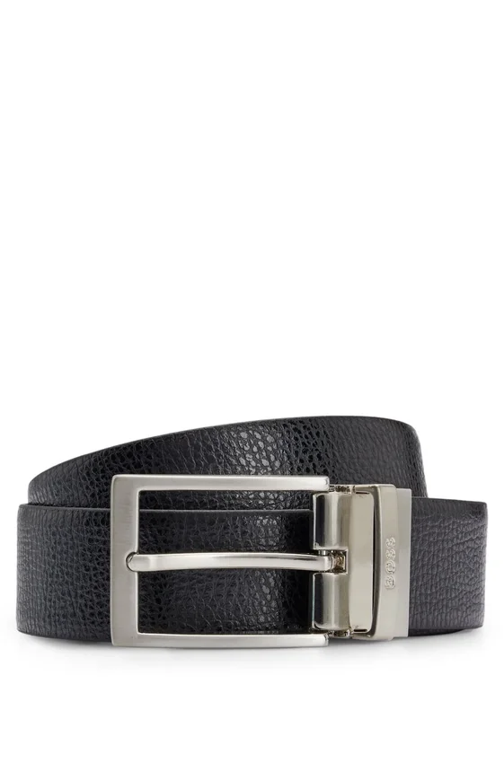 Reversible belt in grained Italian leather with logo keeper Reversible belt in grained Italian leather with logo keeper