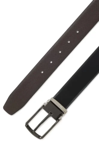 Reversible leather belt with smooth and textured finishes