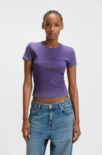Rhinestone-logo slim-fit T-shirt in stretch cotton