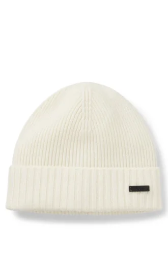 Rib-knit virgin-wool beanie with logo plaque Rib-knit virgin-wool beanie with logo plaque