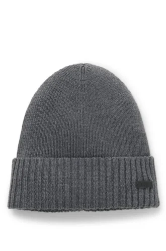 Rib-knit virgin-wool beanie with logo plaque Rib-knit virgin-wool beanie with logo plaque
