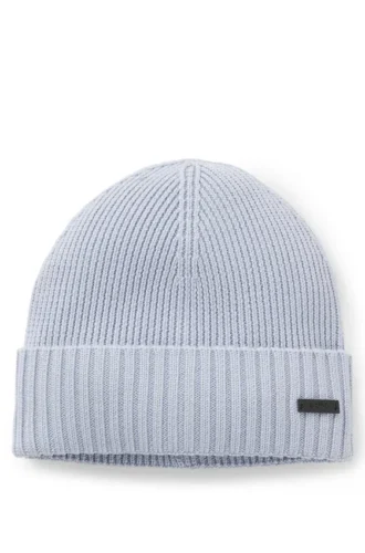 Rib-knit virgin-wool beanie with logo plaque Rib-knit virgin-wool beanie with logo plaque