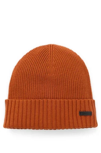 Rib-knit virgin-wool beanie with logo plaque