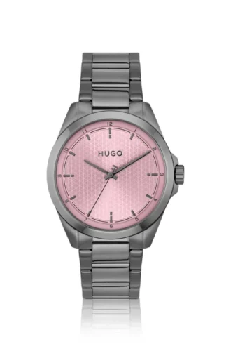 Seam gray-plated watch with pink textured dial
