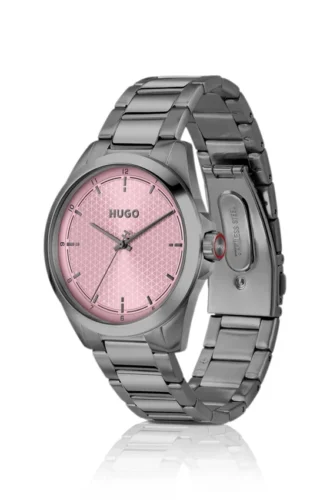 Seam gray-plated watch with pink textured dial