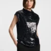 Sequin top with draped funnel neckline