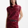 Sequin top with draped funnel neckline