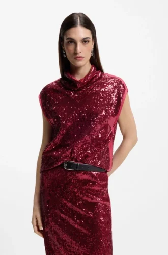 Sequin top with draped funnel neckline