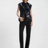 Sequin top with draped funnel neckline