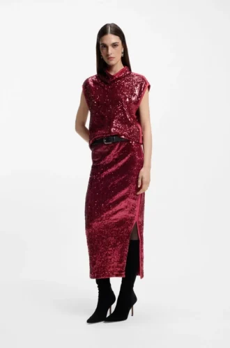 Sequin top with draped funnel neckline